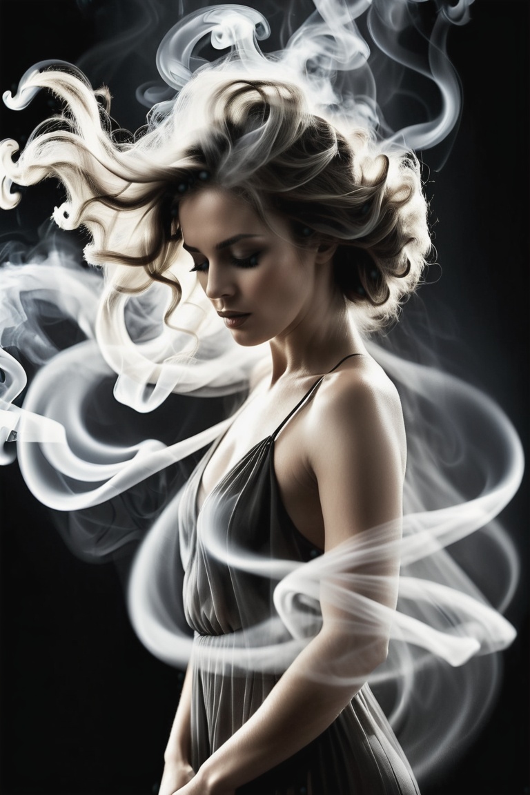 Realistic photograph of a woman,  face obscured by a curtain of smoke forming her hair,  dark background on Tensor.Art