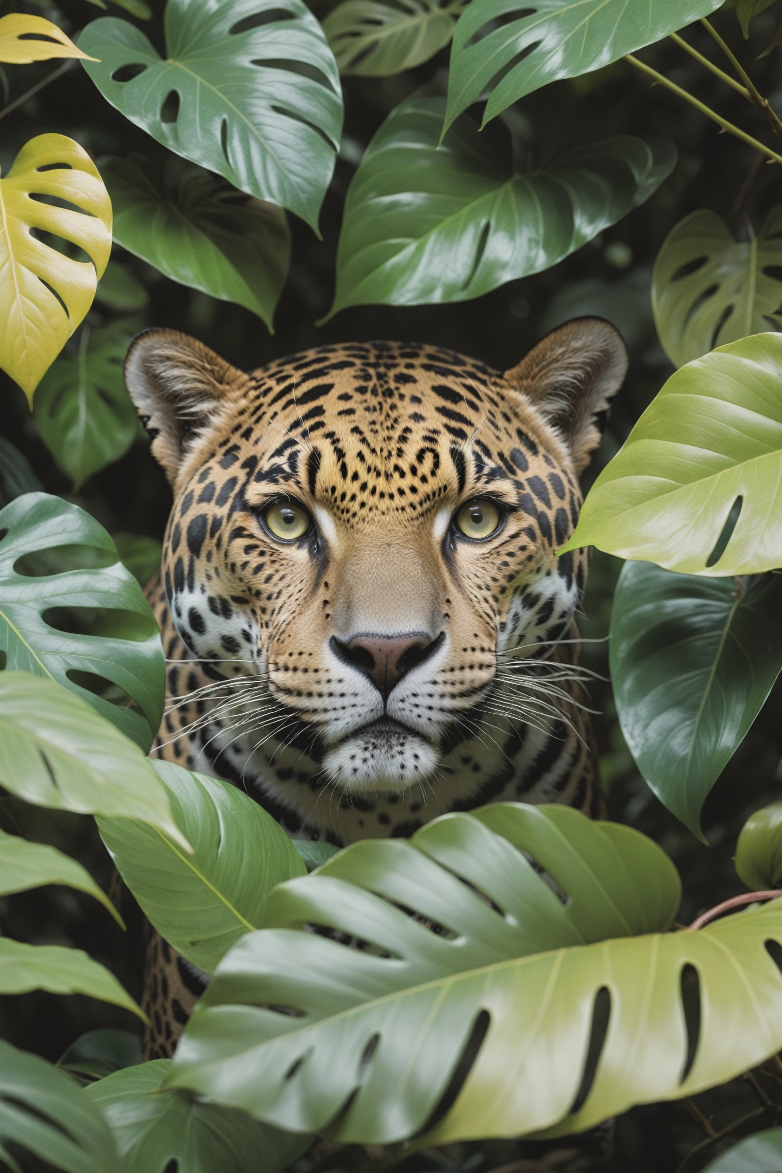 of jaguar hiding behind the leaves in the rainforest,  in the style of bloomsbury group,  expressive character design on T...