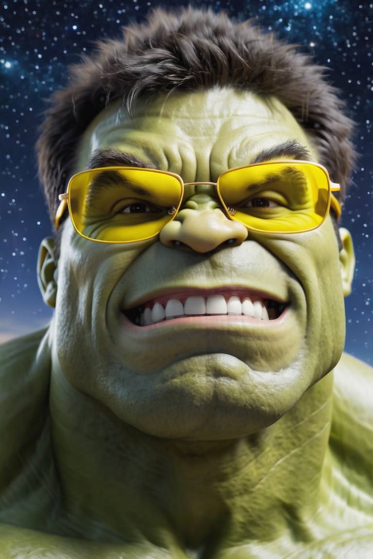 a photo of a (( very blurry hulk)) in sunglasses,  grin,  starry night on Tensor.Art