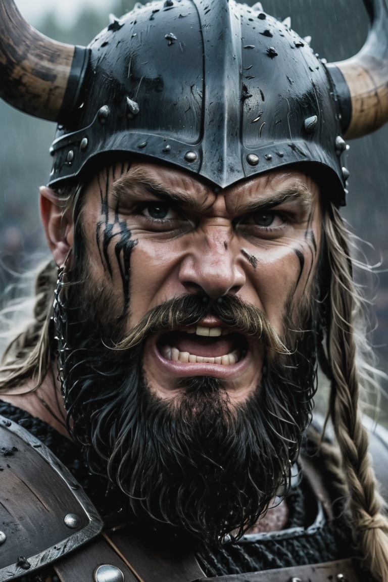 A close-up shot of a fierce Viking King,  covered in dripping wet black mud,  wearing a dark metal helmet with imposing bl...