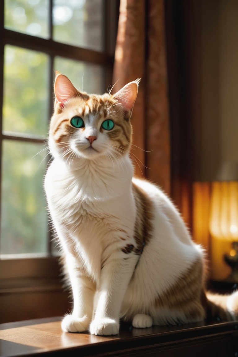 a beauty cat,  a majestic creature with luxurious fur that shimmers in the sunlight,  its coat a tapestry of rich hues and...