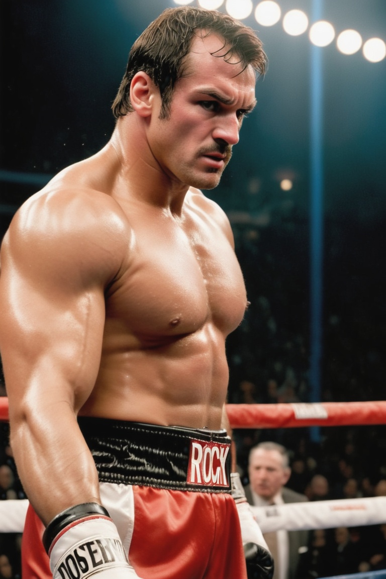 color photo of Rocky,  a rugged and determined boxer with a chiseled physique that speaks of unwavering strength and resil...