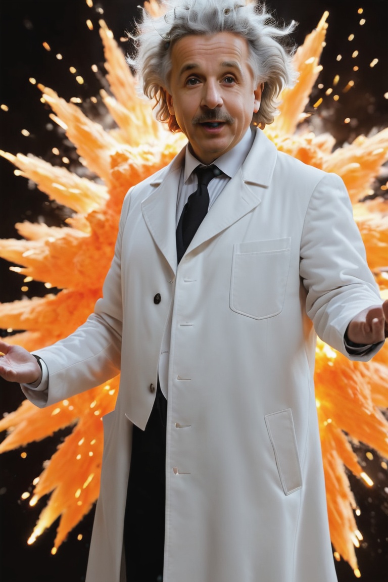 a upper body shot photo of 1man surrounded by orange explode,  Einstein,  white coat on Tensor.Art