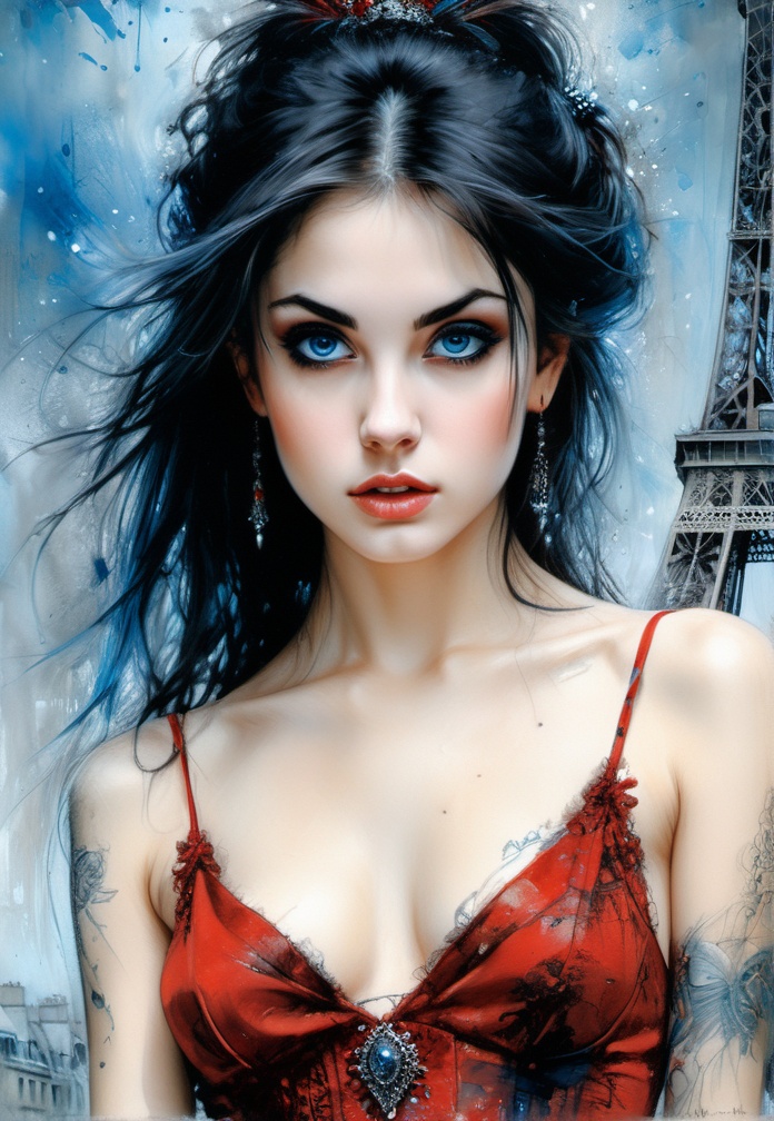 Art by Carne Griffiths,  Luis Royo,  Beautiful young woman in Paris with red dress on Tensor.Art