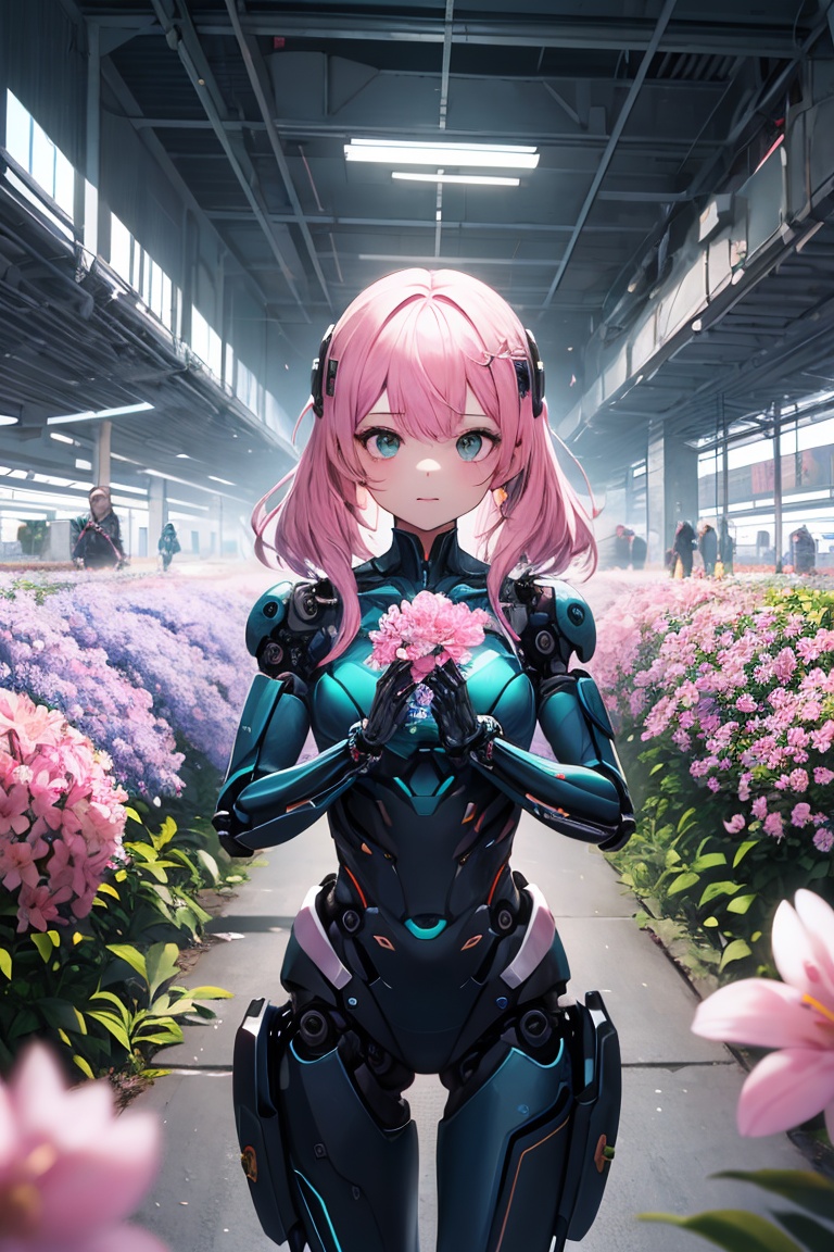 figure of biomechanical cyborg little girl made of glass was (picking a flower by hands),  transparent,  see-through intri...