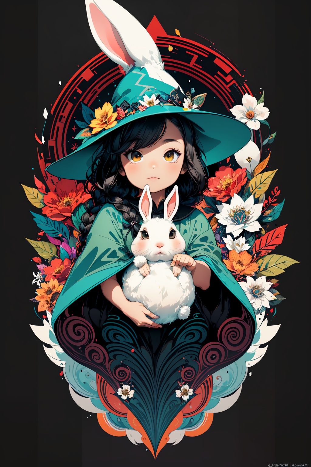 (( Ride on beautifully decorated white giant lagomorph )) ,  shining eyes ,  twin braid on Tensor.Art