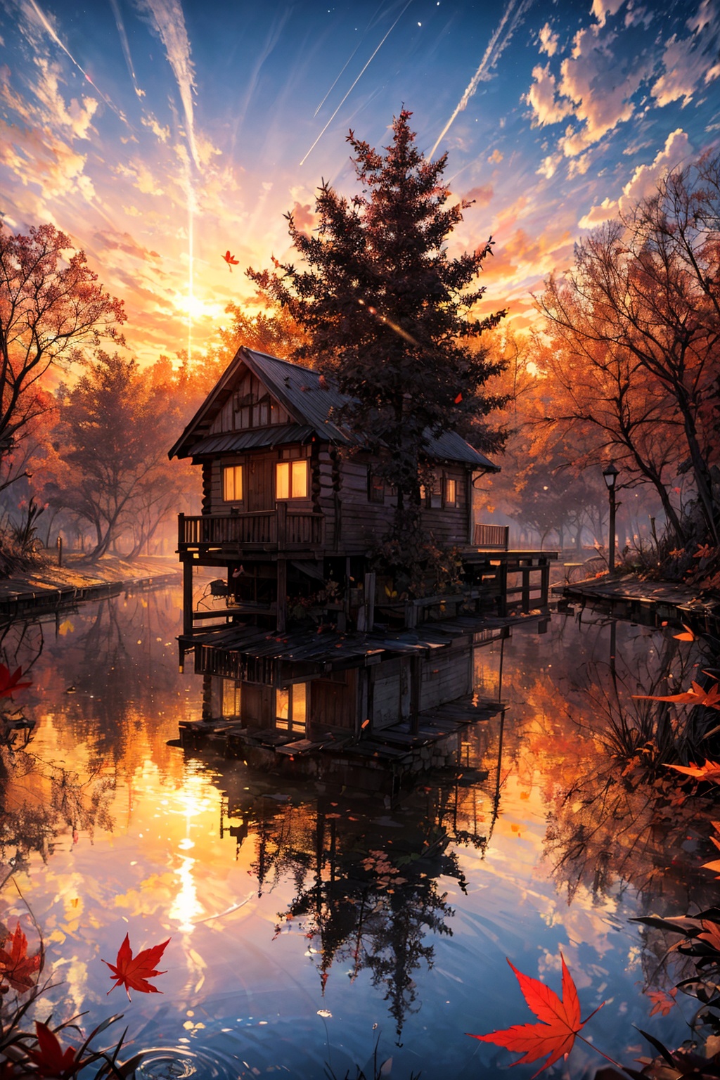 Wooden cabin in the midle of Lake,  perfect sunset light on far away,  golden rays on Tensor.Art
