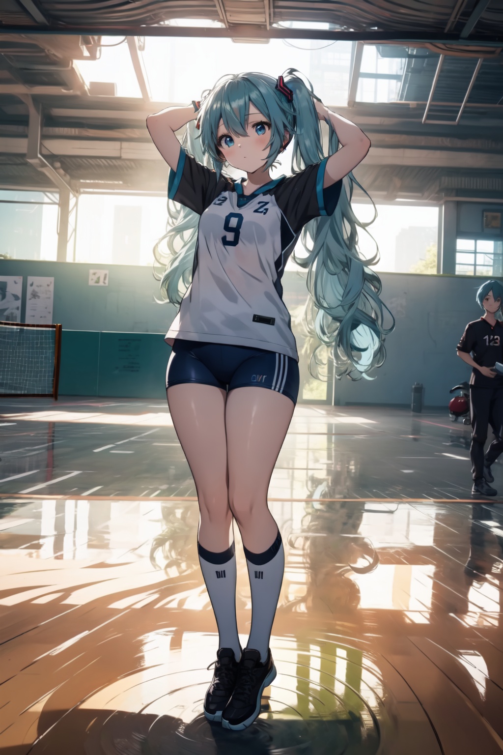 Hatsune Miku,  VOLLEYBALL UNIFORM,  on floor on Tensor.Art