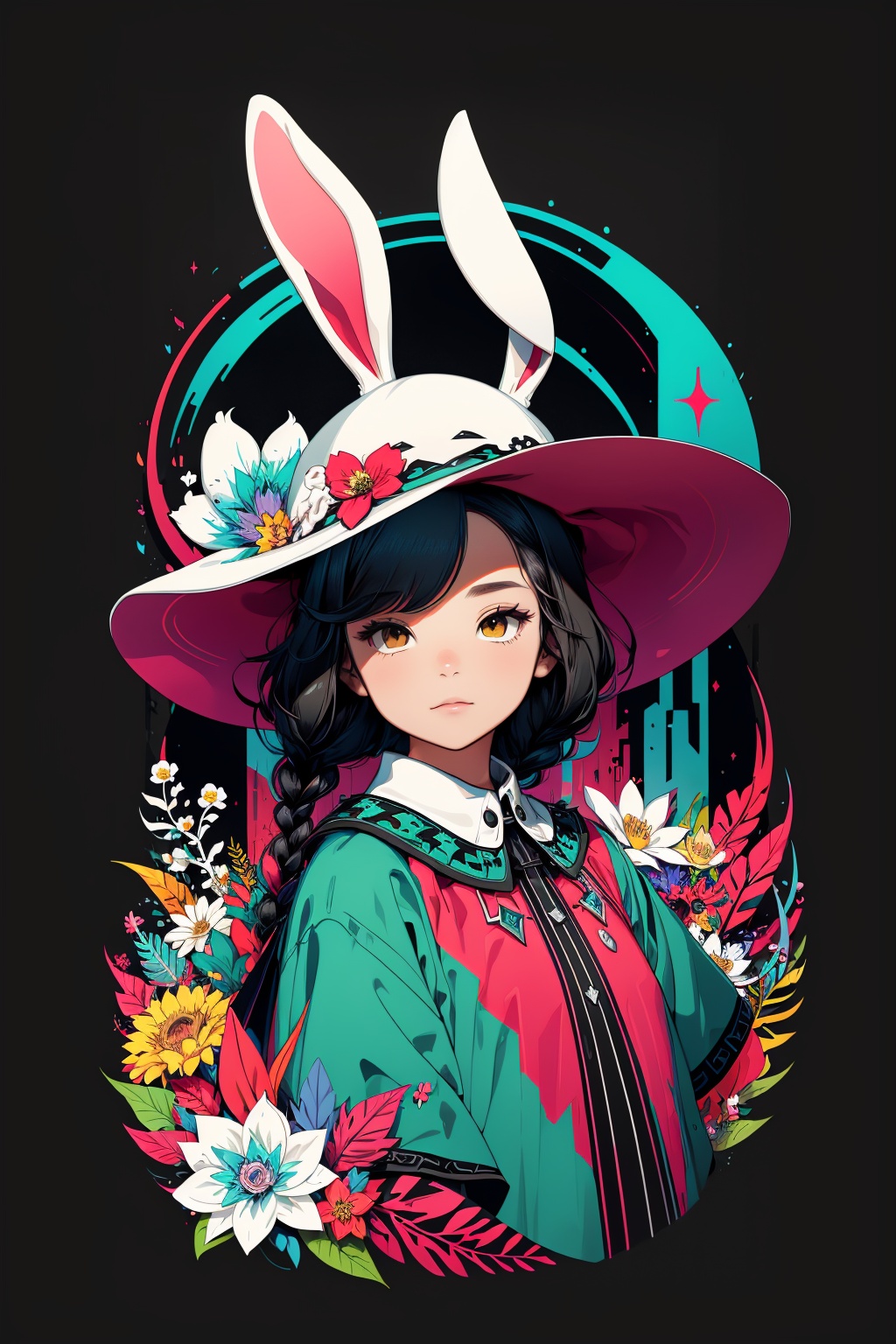 (( Ride on beautifully decorated white giant lagomorph )) ,  shining eyes ,  twin braid on Tensor.Art