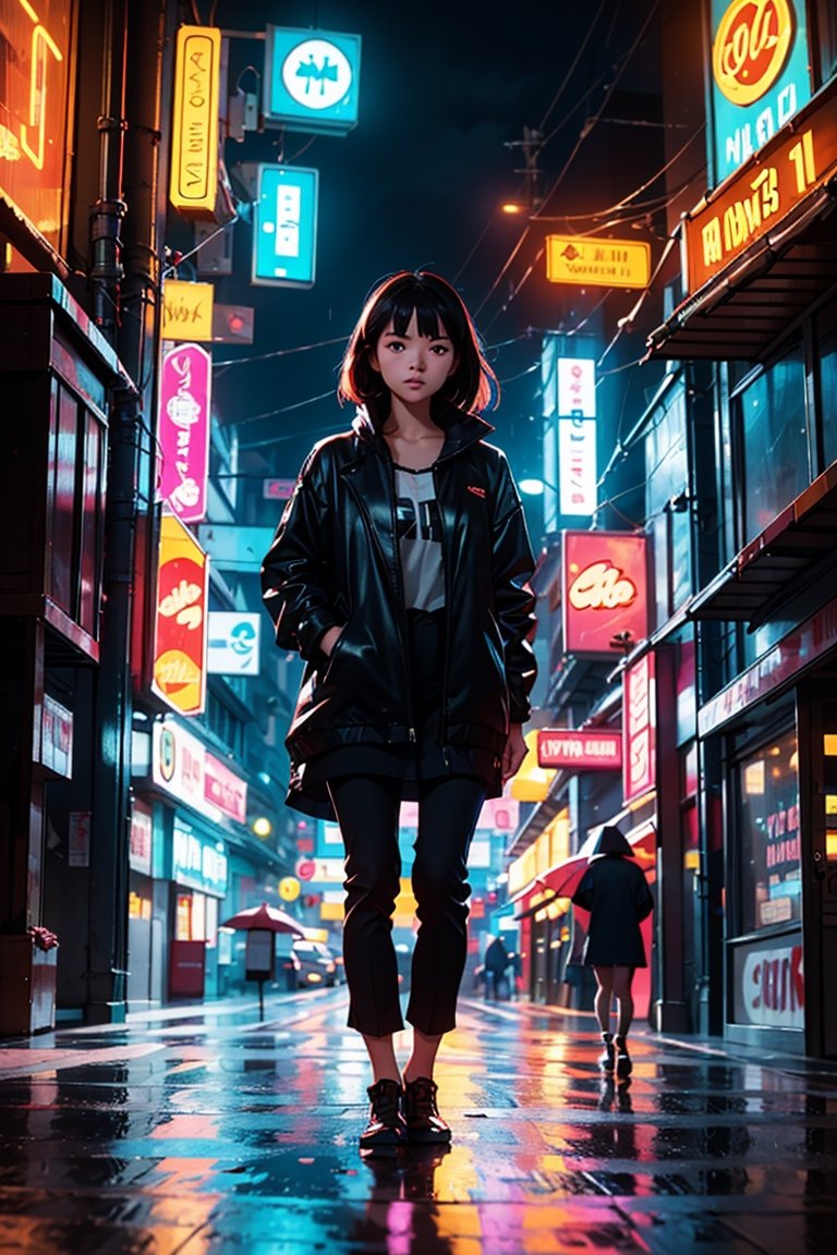 analog style| photograph of woman standing alone in the rain silhouetted by neon lights | Cyberpunk | Night City | Canon E...