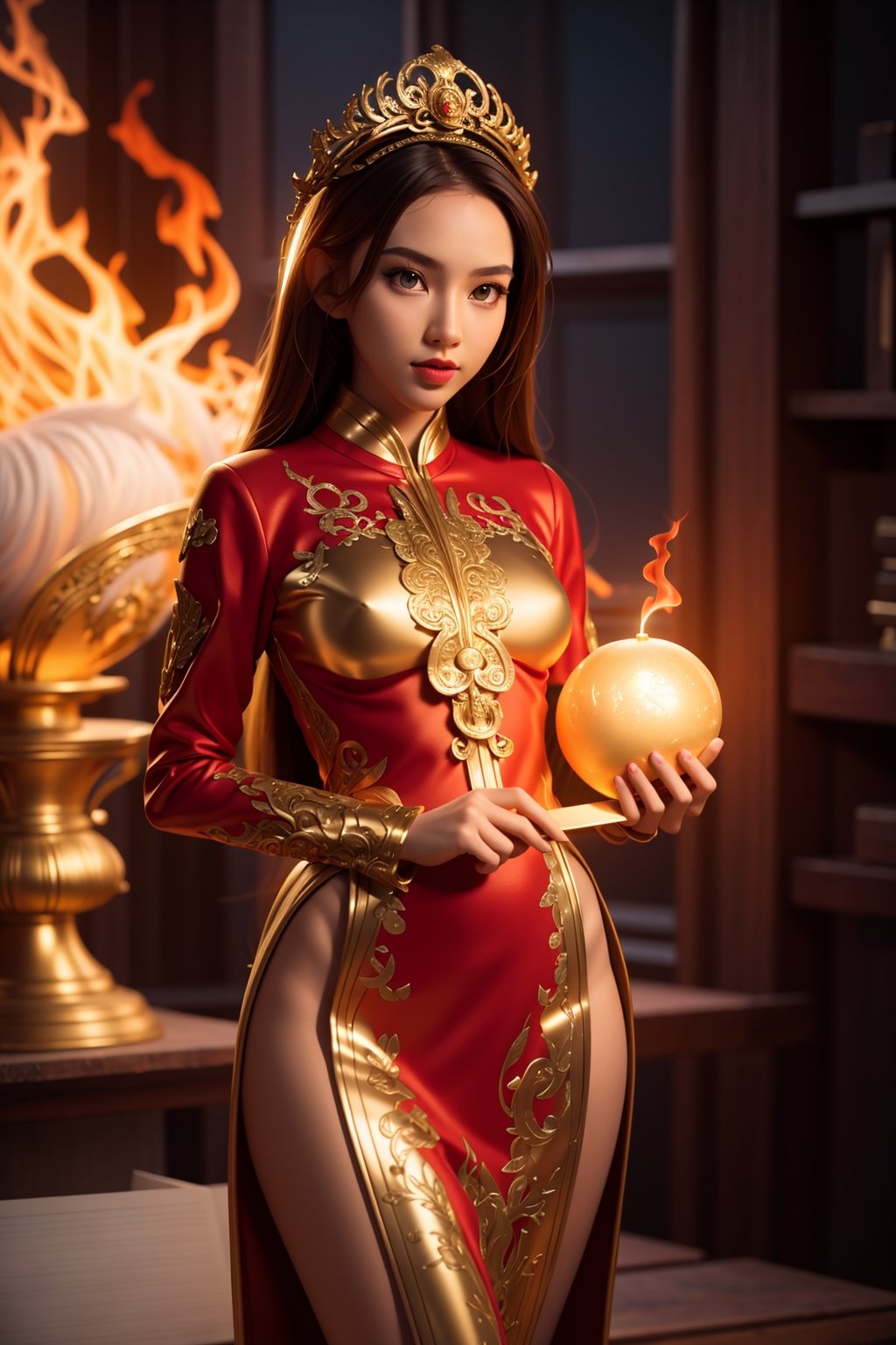 2.5D drawing,  sexy 18 year old girl wearing flame clothing,  flame hair on Tensor.Art