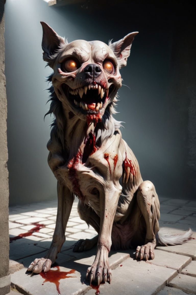 full body shot,Zombie dog, bloody open mouth, basement, bright sunlight, stone floor, zkeleton ,UHD,best quality,f/4.0
