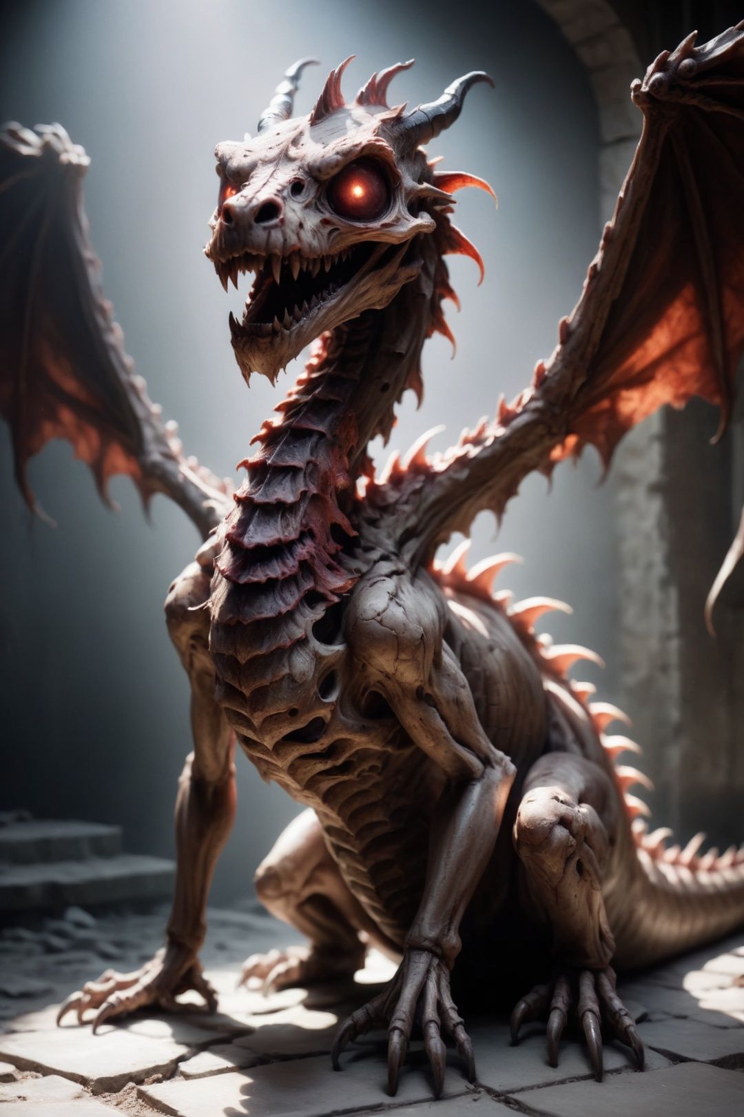  full body shot,Zombie dragon, skeleton dragon,bloody open mouth, basement, bright sunlight, stone floor, zkeleton ,UHD,best quality,f/4.0, MSPaint portrait, zkeleton