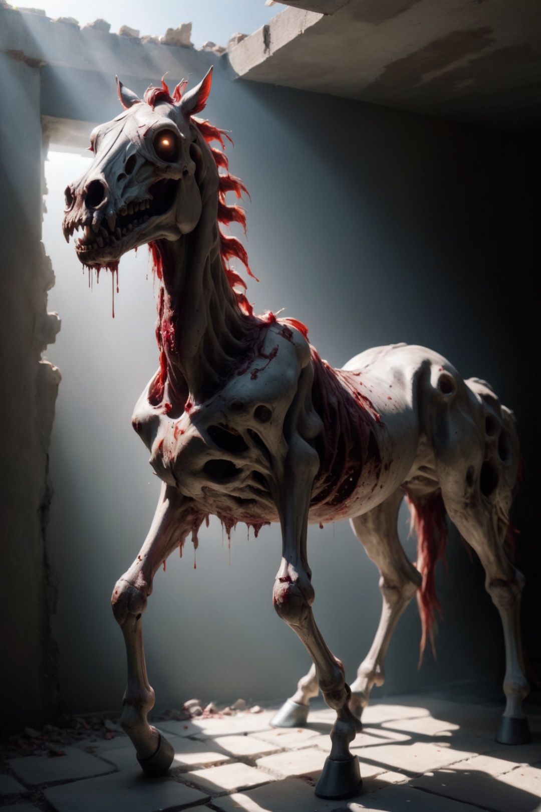  full body shot,Zombie horse,bloody open mouth, basement, bright sunlight, stone floor, zkeleton ,UHD,best quality,f/4.0, MSPaint portrait, zkeleton
