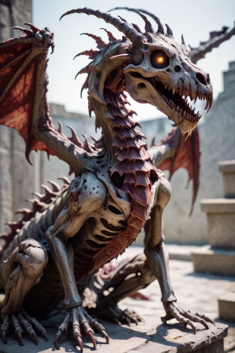 full body shot,Zombie dragon, skeleton dragon,bloody open mouth, basement, bright sunlight, stone floor, zkeleton ,UHD,best quality,f/4.0, MSPaint portrait, zkeleton