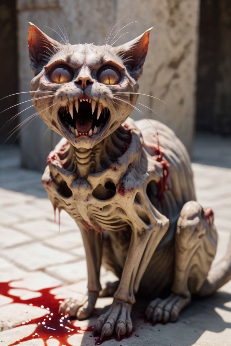 full body shot, skeleton cat looking for food, evil cat, dead cat, bloody open mouth, basement, bright sunlight, stone floor, zkeleton ,UHD,best quality,f/4.0
