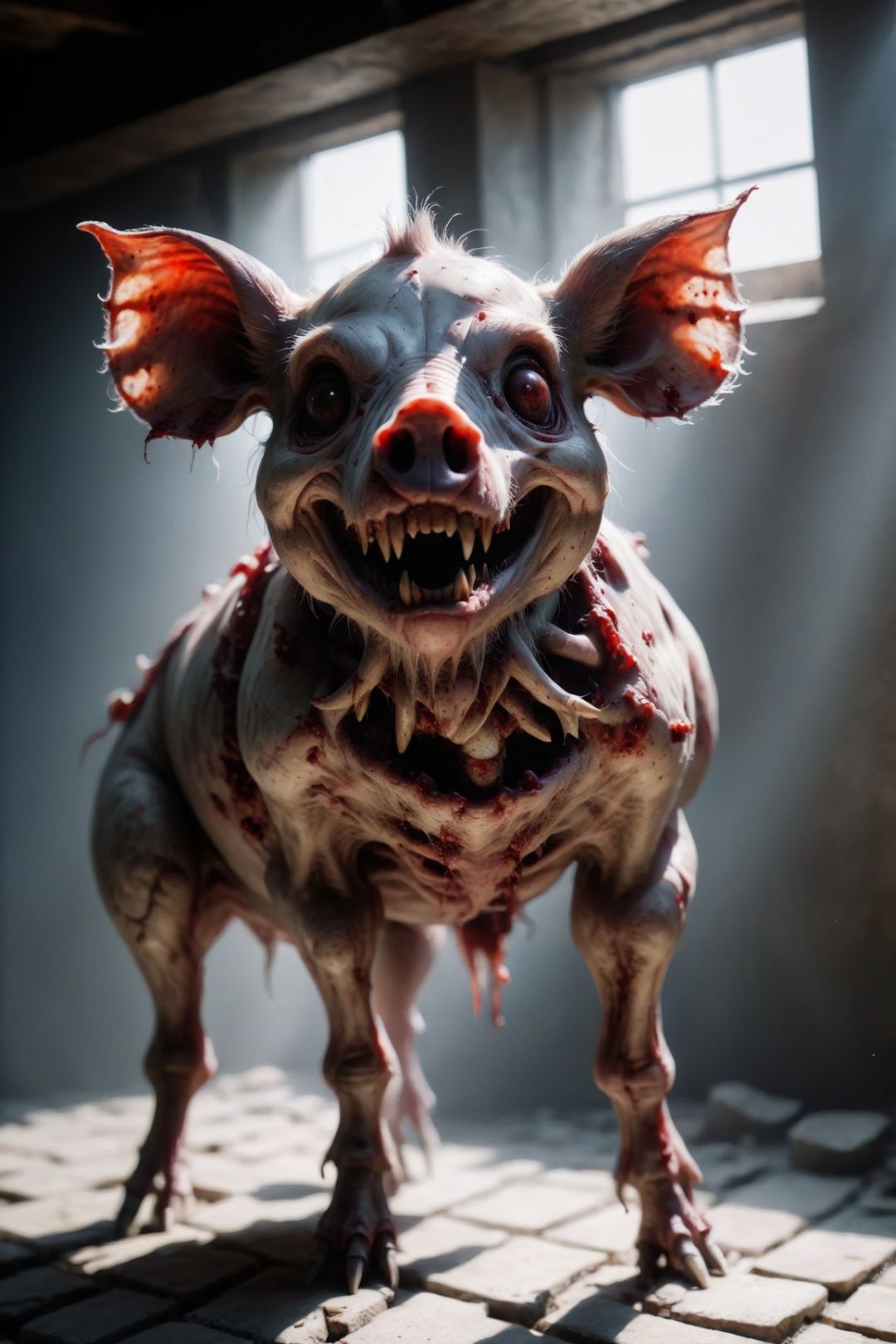  full body shot,Zombie pig,bloody open mouth, basement, bright sunlight, stone floor, zkeleton ,UHD,best quality,f/4.0, MSPaint portrait, zkeleton