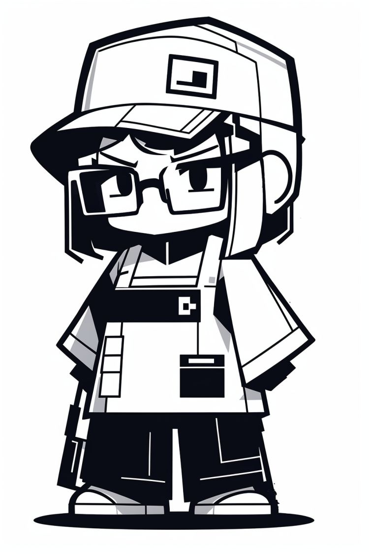 CUXIAN, solo, monochrome, glasses, white background, simple background, greyscale, full body, long sleeves, standing, apron,chibi, hat, employee uniform, 1girl<lora:CUXIAN_20231102160946:1>