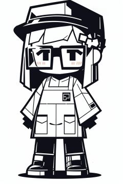 CUXIAN, solo, monochrome, glasses, white background, simple background, greyscale, full body, long sleeves, standing, apron,chibi, hat, employee uniform, 1girl<lora:CUXIAN_20231102160946:1>