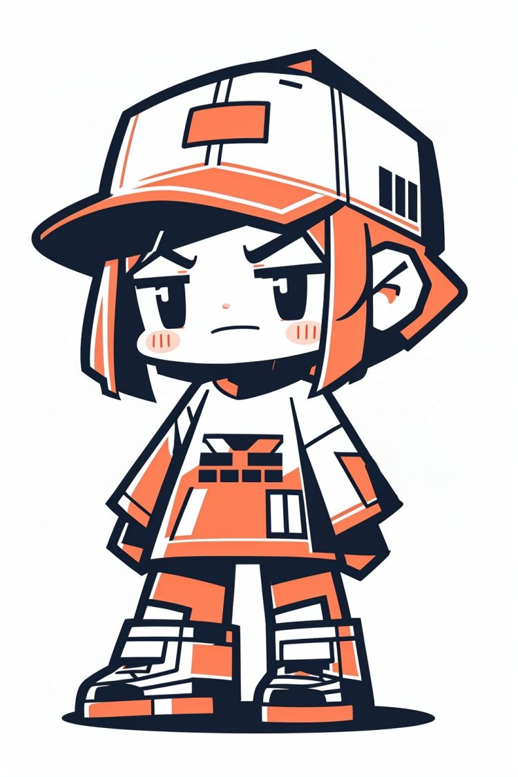 CUXIAN, solo, hat, standing, white background, simple background, 1girl, blush stickers, full body, baseball cap, short hair, red headwear, chibi, v-shaped eyebrows, distressed, red dress<lora:CUXIAN_20231102160946:1>