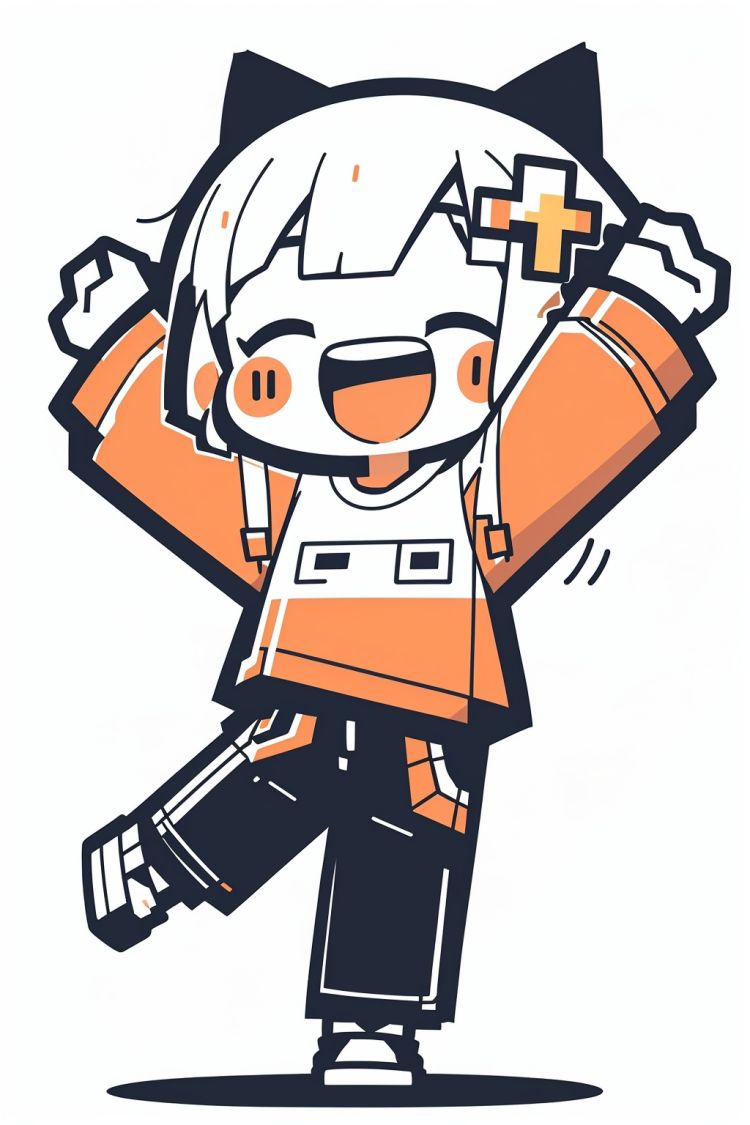 CUXIAN, solo, smile, arms up, open mouth, blush stickers, closed eyes, fang, simple background, white background, standing, 1boy, long sleeves, pants, standing on one leg, full body, happy, cheer, happy<lora:CUXIAN_20231102160946:1>