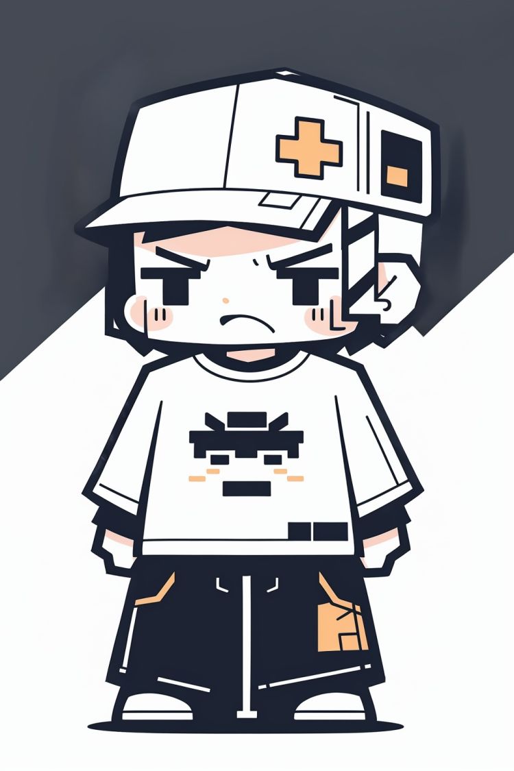 CUXIAN, 1boy, solo, hat, shirt, blush stickers, chibi, pants, white background, standing, t-shirt, anger<lora:CUXIAN_20231102160946:1>