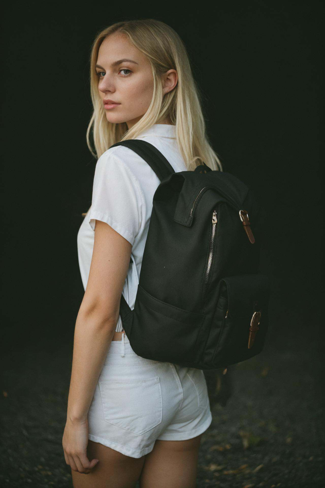 epiC35mm,  blond female in a dark theme,  backpack on Tensor.Art
