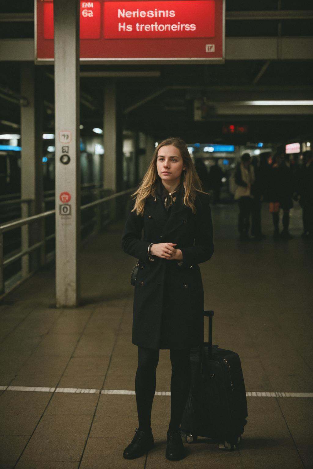 epiC35mm,  medium shot of a woman traveller ready for the journey waiting on the train station,  detailed sharp on Tensor.Art