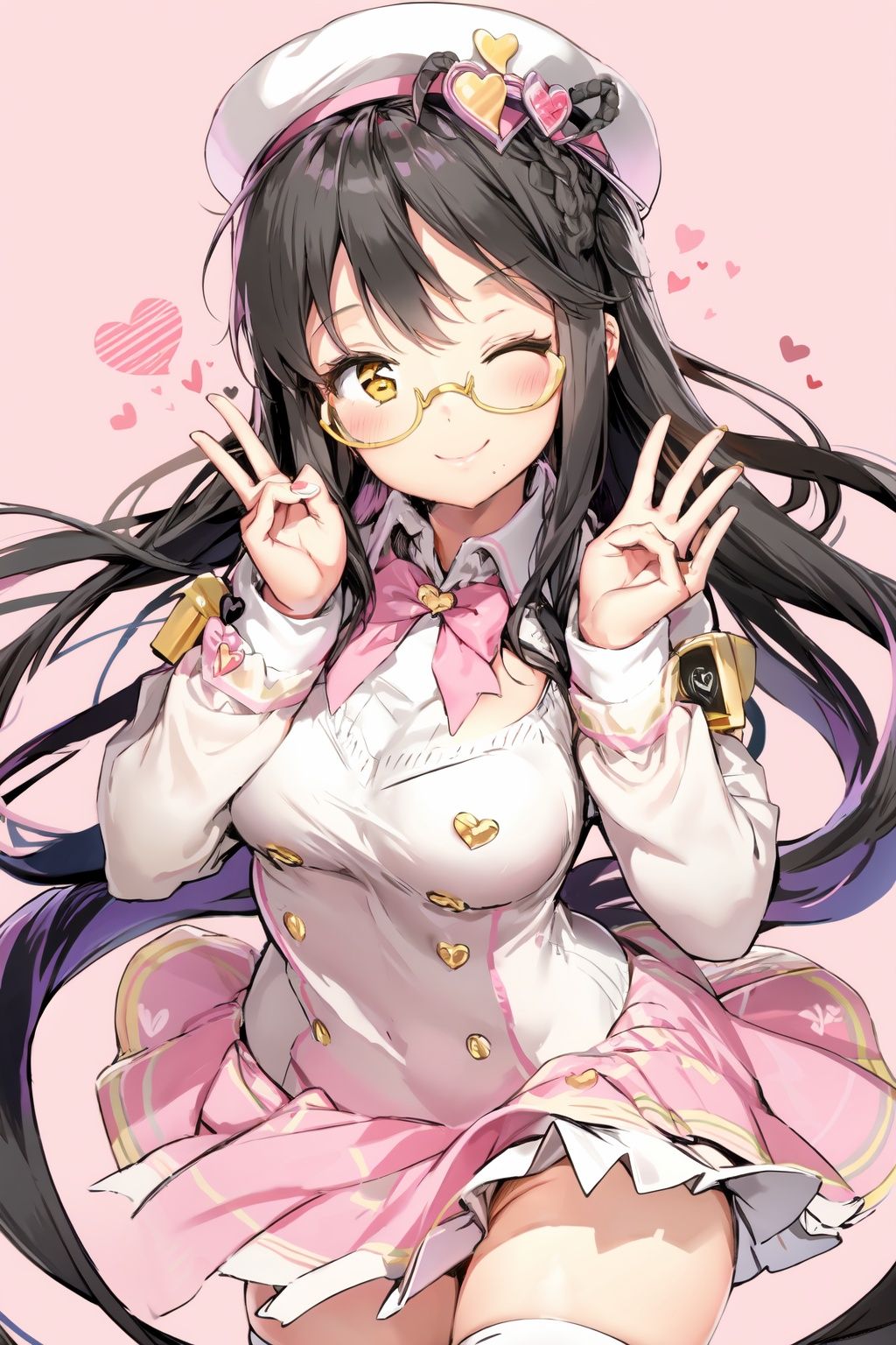 1girl, solo, one eye closed, black hair, long hair, thighhighs, yellow eyes, glasses, smile, heart hands, heart, white thighhighs, skirt, looking at viewer, hat, blush, yellow-framed eyewear