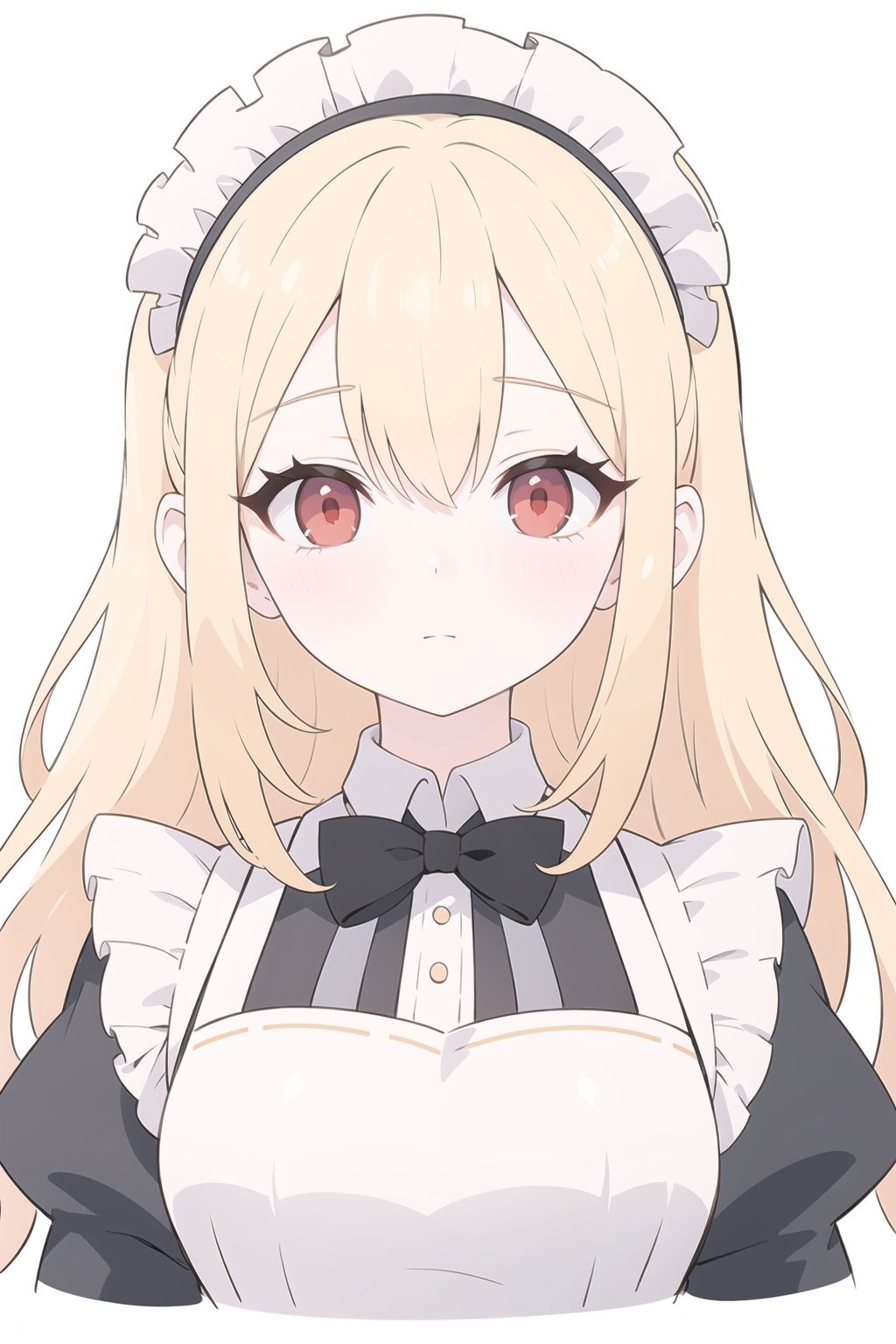scales,big breasts,red eyes,expressionless,blonde hair,white_background,victorian maid dress,upper_body,close-up,long hair,portrait,(looking at viewer:1.2),