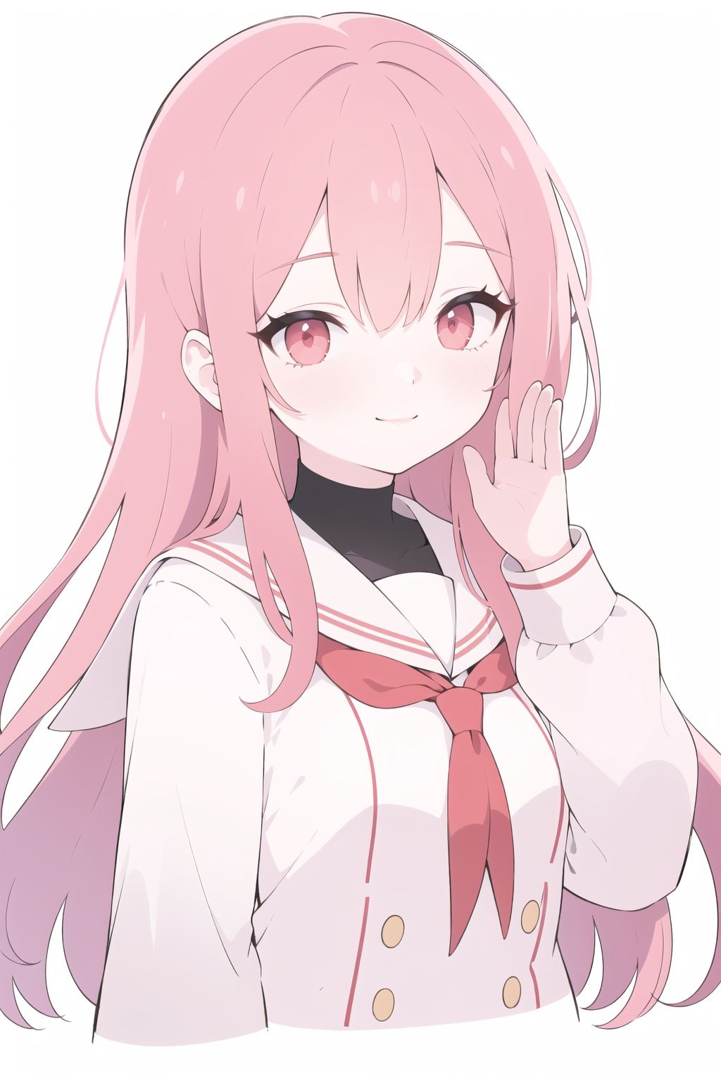 👋,simple background,white background,pentagram,pink eyes,red neckwear,red hair,hair over shoulder,long hair,asymmetrical hair,serafuku,sailor dress,upper body,smile,seductive smile,