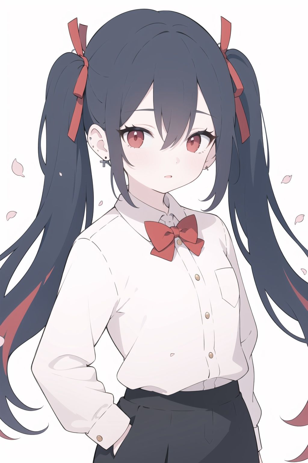 (masterpiece, best quality),a girl,solo,twintails,shirt,skirt,petals,bowtie,earrings,jewelry,bangs,black hair,hair ornament,hair ribbon,red ribbon,red eyes,long hair,white shirt,multicolored hair,black skirt,red hair,long sleeves,pink bowtie,hair between eyes,looking at viewer,collared shirt,upper body,falling petals,depth of field,strong bloom,red background,hands in pockets,