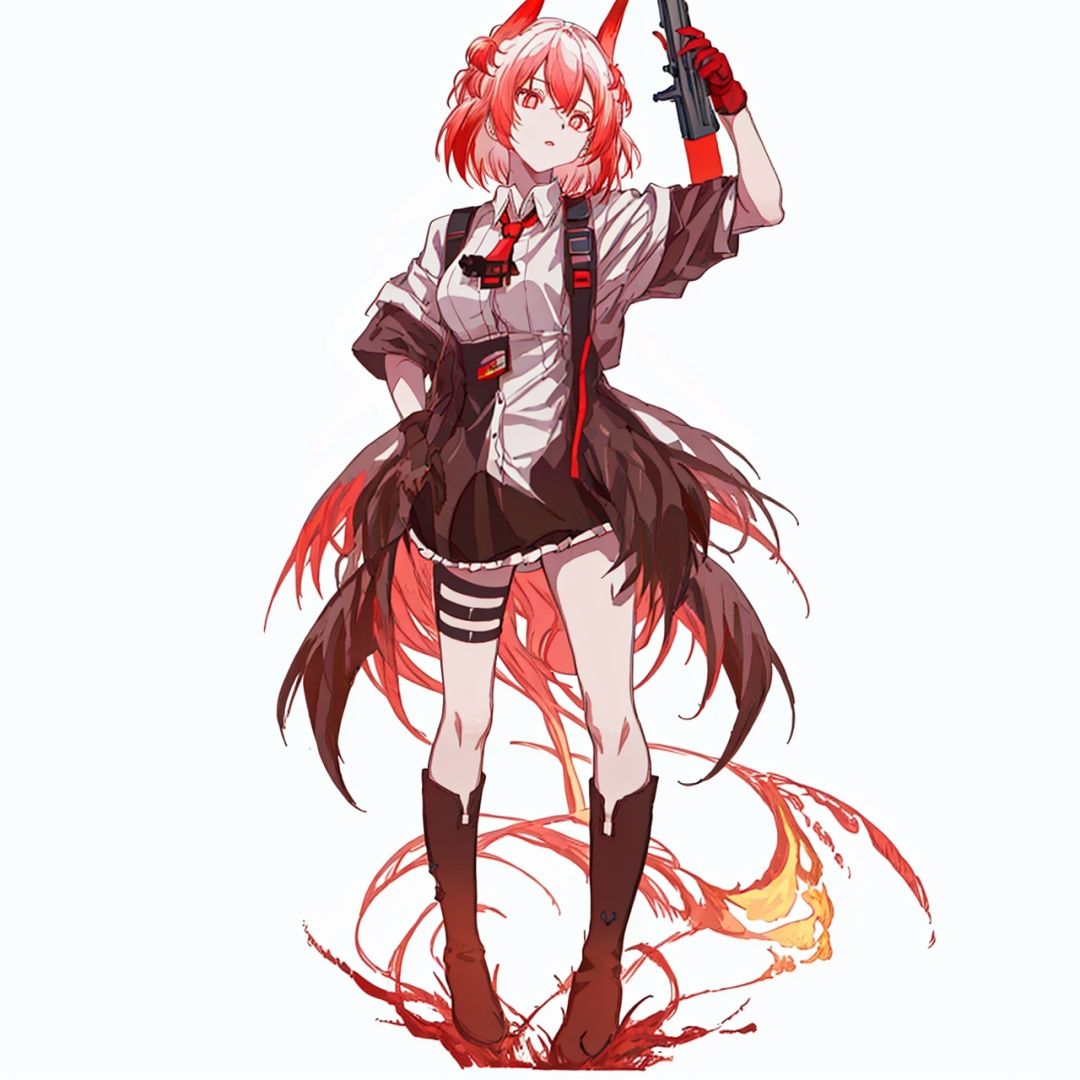 (masterpiece:1.3), (the best quality:1.2), (super fine illustrations:1.2), (Masterpiece), high quality, high detail,((white background:1.2)), looking at viewer, (SOLO:1.4),outline,,simple background,gradient hair,thighhighs,feathers, open clothes, pleated skirt, red ribbon, miniskirt, knee boots, suit, animal ears, red necktie, floating hair, necklace, thigh holster, black skirt, boots, black jacket, black footwear, thighs, collared shirt, thigh strap, pink hair, off shoulder, phoenix, flaming eye, flame, fiery wings, fiery hair, white shirt, necktie, holding gun, skirt, shirt, jacket, holding weapon, gun, black gloves,short hair,hair ornament,red eyes,bangs,hair between eyes,off shoulders,multicolored hair,dress,white hair,jewelry,red hair,long sleeves,gem,streaked hair,1girl, bangs