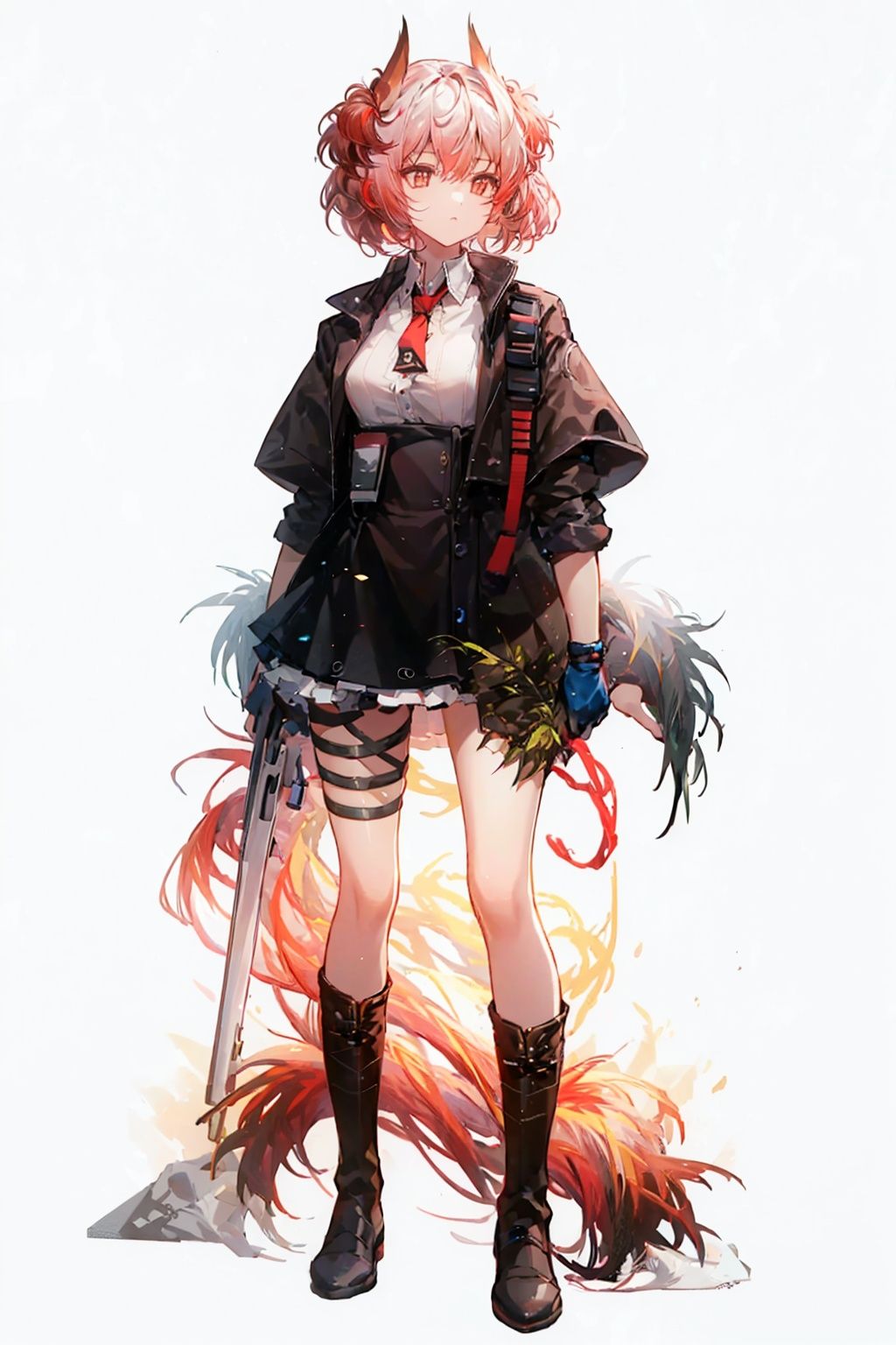 (masterpiece:1.3), (the best quality:1.2), (super fine illustrations:1.2), (Masterpiece), high quality, high detail,((white background:1.2)), looking at viewer, (SOLO:1.4),outline,,simple background,gradient hair,thighhighs,feathers, open clothes, pleated skirt, red ribbon, miniskirt, knee boots, suit, animal ears, red necktie, floating hair, necklace, thigh holster, black skirt, boots, black jacket, black footwear, thighs, collared shirt, thigh strap, pink hair, off shoulder, phoenix, flaming eye, flame, fiery wings, fiery hair, white shirt, necktie, holding gun, skirt, shirt, jacket, holding weapon, gun, black gloves,short hair,hair ornament,red eyes,bangs,hair between eyes,off shoulders,multicolored hair,dress,white hair,jewelry,red hair,long sleeves,gem,streaked hair,1girl, bangs