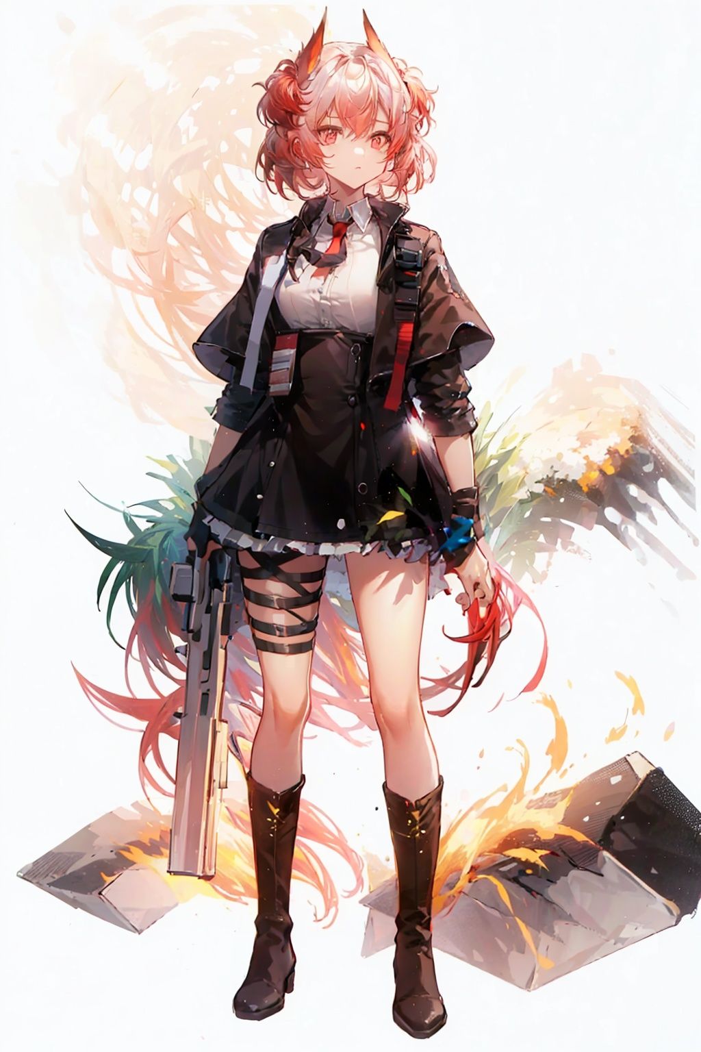 (masterpiece:1.3), (the best quality:1.2), (super fine illustrations:1.2), (Masterpiece), high quality, high detail,((white background:1.2)), looking at viewer, (SOLO:1.4),outline,,simple background,gradient hair,thighhighs,feathers, open clothes, pleated skirt, red ribbon, miniskirt, knee boots, suit, animal ears, red necktie, floating hair, necklace, thigh holster, black skirt, boots, black jacket, black footwear, thighs, collared shirt, thigh strap, pink hair, off shoulder, phoenix, flaming eye, flame, fiery wings, fiery hair, white shirt, necktie, holding gun, skirt, shirt, jacket, holding weapon, gun, black gloves,short hair,hair ornament,red eyes,bangs,hair between eyes,off shoulders,multicolored hair,dress,white hair,jewelry,red hair,long sleeves,gem,streaked hair,1girl, bangs