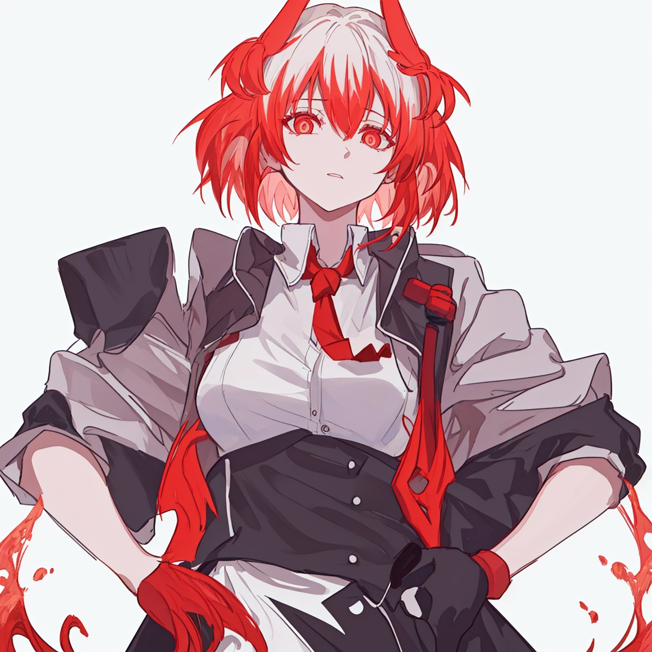  (masterpiece:1.3), (the best quality:1.2), (super fine illustrations:1.2), (Masterpiece), high quality, high detail,((white background:1.2)), looking at viewer, (SOLO:1.4),outline,,simple background,gradient hair,thighhighs,feathers, open clothes, pleated skirt, red ribbon, miniskirt, knee boots, suit, animal ears, red necktie, floating hair, necklace, thigh holster, black skirt, boots, black jacket, black footwear, thighs, collared shirt, thigh strap, pink hair, off shoulder, phoenix, flaming eye, flame, fiery wings, fiery hair, white shirt, necktie, holding gun, skirt, shirt, jacket, holding weapon, gun, black gloves,short hair,hair ornament,red eyes,bangs,hair between eyes,off shoulders,multicolored hair,dress,white hair,jewelry,red hair,long sleeves,gem,streaked hair,1girl, bangs