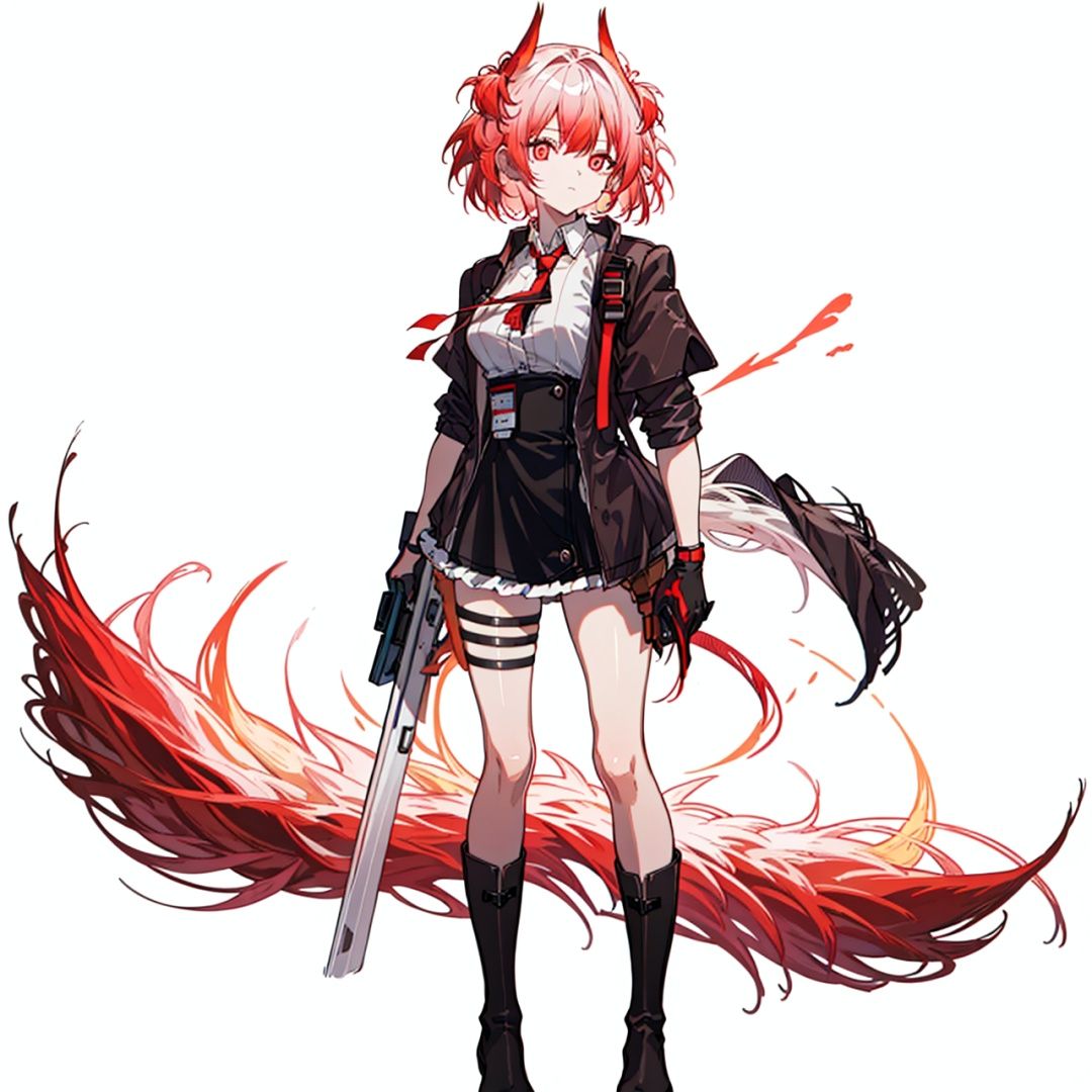(masterpiece:1.3), (the best quality:1.2), (super fine illustrations:1.2), (Masterpiece), high quality, high detail,((white background:1.2)), looking at viewer, (SOLO:1.4),outline,,simple background,gradient hair,thighhighs,feathers, open clothes, pleated skirt, red ribbon, miniskirt, knee boots, suit, animal ears, red necktie, floating hair, necklace, thigh holster, black skirt, boots, black jacket, black footwear, thighs, collared shirt, thigh strap, pink hair, off shoulder, phoenix, flaming eye, flame, fiery wings, fiery hair, white shirt, necktie, holding gun, skirt, shirt, jacket, holding weapon, gun, black gloves,short hair,hair ornament,red eyes,bangs,hair between eyes,off shoulders,multicolored hair,dress,white hair,jewelry,red hair,long sleeves,gem,streaked hair,1girl, bangs