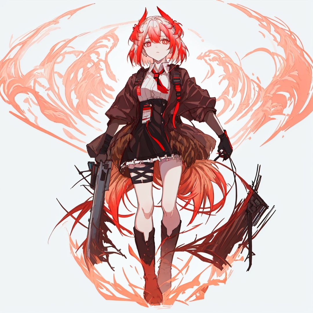 (masterpiece:1.3), (the best quality:1.2), (super fine illustrations:1.2), (Masterpiece), high quality, high detail,((white background:1.2)), looking at viewer, (SOLO:1.4),outline,,simple background,gradient hair,thighhighs,feathers, open clothes, pleated skirt, red ribbon, miniskirt, knee boots, suit, animal ears, red necktie, floating hair, necklace, thigh holster, black skirt, boots, black jacket, black footwear, thighs, collared shirt, thigh strap, pink hair, off shoulder, phoenix, flaming eye, flame, fiery wings, fiery hair, white shirt, necktie, holding gun, skirt, shirt, jacket, holding weapon, gun, black gloves,short hair,hair ornament,red eyes,bangs,hair between eyes,off shoulders,multicolored hair,dress,white hair,jewelry,red hair,long sleeves,gem,streaked hair,1girl, bangs