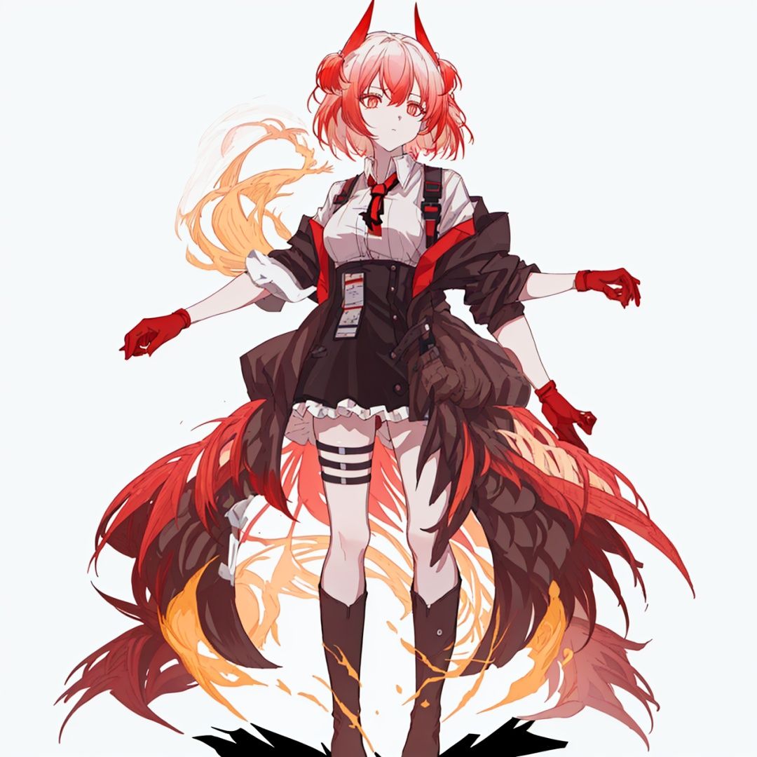 (masterpiece:1.3), (the best quality:1.2), (super fine illustrations:1.2), (Masterpiece), high quality, high detail,((white background:1.2)), looking at viewer, (SOLO:1.4),outline,,simple background,gradient hair,thighhighs,feathers, open clothes, pleated skirt, red ribbon, miniskirt, knee boots, suit, animal ears, red necktie, floating hair, necklace, thigh holster, black skirt, boots, black jacket, black footwear, thighs, collared shirt, thigh strap, pink hair, off shoulder, phoenix, flaming eye, flame, fiery wings, fiery hair, white shirt, necktie, holding gun, skirt, shirt, jacket, holding weapon, gun, black gloves,short hair,hair ornament,red eyes,bangs,hair between eyes,off shoulders,multicolored hair,dress,white hair,jewelry,red hair,long sleeves,gem,streaked hair,1girl, bangs
