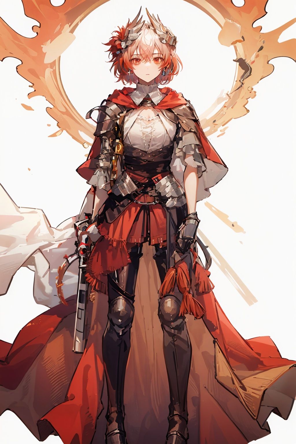 (masterpiece:1.3), (the best quality:1.2), (super fine illustrations:1.2), (Masterpiece), high quality, high detail,((white background:1.2)), looking at viewer, (SOLO:1.4),outline,,simple background,red wings, armored boots, gradient hair, shoulder armor, breastplate, corset, hooded cloak, belt, tail, bird, thighhighs, red skirt, red cape, gauntlets, embers, boots, armor,short hair,hair ornament,red eyes,bangs,hair between eyes,multicolored hair,white hair,jewelry,red hair,long sleeves,gem,streaked hair, short hair,gradient hair,feathers, animal ears, floating hair, phoenix, fiery hair, fiery wings, flaming eye,1girl, breasts, brown eyes, cape, earrings, fire, jewelry, shirt, short hair, skirt,