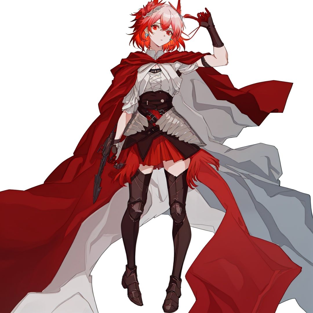 (masterpiece:1.3), (the best quality:1.2), (super fine illustrations:1.2), (Masterpiece), high quality, high detail,((white background:1.2)), looking at viewer, (SOLO:1.4),outline,,simple background,red wings, armored boots, gradient hair, shoulder armor, breastplate, corset, hooded cloak, belt, tail, bird, thighhighs, red skirt, red cape, gauntlets, embers, boots, armor,short hair,hair ornament,red eyes,bangs,hair between eyes,multicolored hair,white hair,jewelry,red hair,long sleeves,gem,streaked hair, short hair,gradient hair,feathers, animal ears, floating hair, phoenix, fiery hair, fiery wings, flaming eye,1girl, breasts, brown eyes, cape, earrings, fire, jewelry, shirt, short hair, skirt,