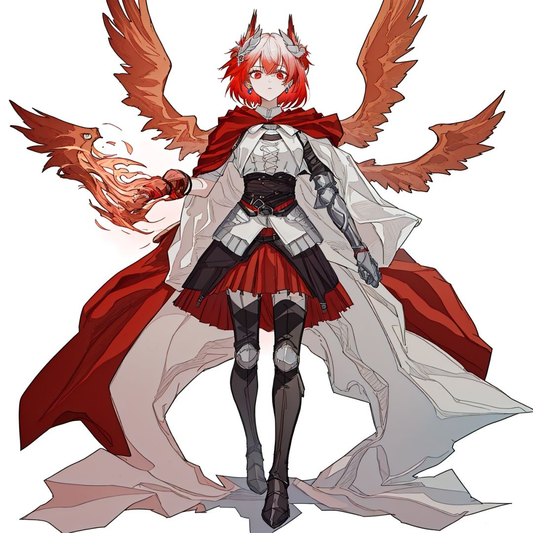 (masterpiece:1.3), (the best quality:1.2), (super fine illustrations:1.2), (Masterpiece), high quality, high detail,((white background:1.2)), looking at viewer, (SOLO:1.4),outline,,simple background,red wings, armored boots, gradient hair, shoulder armor, breastplate, corset, hooded cloak, belt, tail, bird, thighhighs, red skirt, red cape, gauntlets, embers, boots, armor,short hair,hair ornament,red eyes,bangs,hair between eyes,multicolored hair,white hair,jewelry,red hair,long sleeves,gem,streaked hair, short hair,gradient hair,feathers, animal ears, floating hair, phoenix, fiery hair, fiery wings, flaming eye,1girl, breasts, brown eyes, cape, earrings, fire, jewelry, shirt, short hair, skirt,