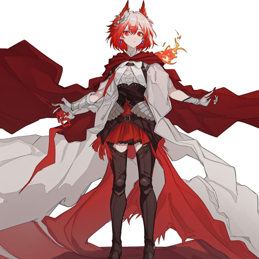 (masterpiece:1.3), (the best quality:1.2), (super fine illustrations:1.2), (Masterpiece), high quality, high detail,((white background:1.2)), looking at viewer, (SOLO:1.4),outline,,simple background,red wings, armored boots, gradient hair, shoulder armor, breastplate, corset, hooded cloak, belt, tail, bird, thighhighs, red skirt, red cape, gauntlets, embers, boots, armor,short hair,hair ornament,red eyes,bangs,hair between eyes,multicolored hair,white hair,jewelry,red hair,long sleeves,gem,streaked hair, short hair,gradient hair,feathers, animal ears, floating hair, phoenix, fiery hair, fiery wings, flaming eye,1girl, breasts, brown eyes, cape, earrings, fire, jewelry, shirt, short hair, skirt,