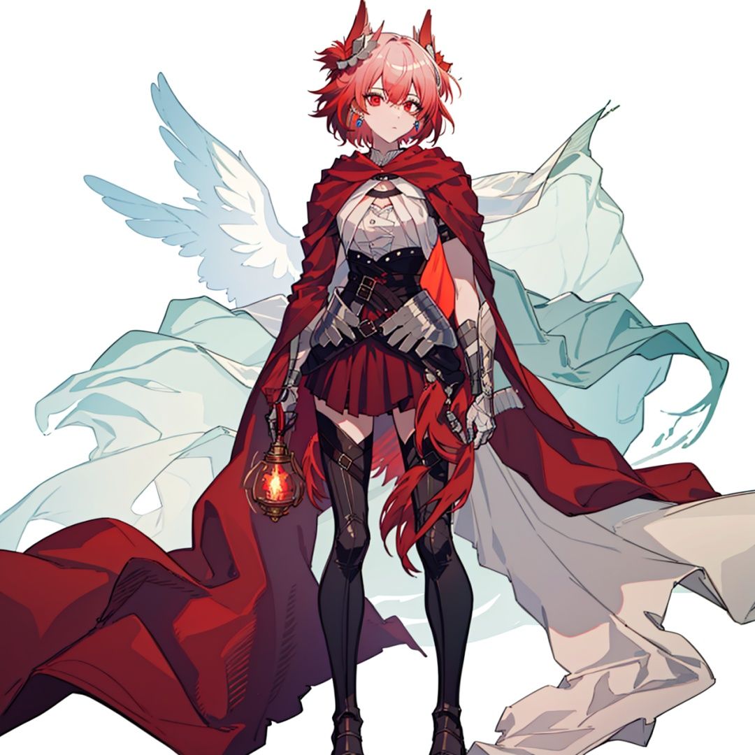(masterpiece:1.3), (the best quality:1.2), (super fine illustrations:1.2), (Masterpiece), high quality, high detail,((white background:1.2)), looking at viewer, (SOLO:1.4),outline,,simple background,red wings, armored boots, gradient hair, shoulder armor, breastplate, corset, hooded cloak, belt, tail, bird, thighhighs, red skirt, red cape, gauntlets, embers, boots, armor,short hair,hair ornament,red eyes,bangs,hair between eyes,multicolored hair,white hair,jewelry,red hair,long sleeves,gem,streaked hair, short hair,gradient hair,feathers, animal ears, floating hair, phoenix, fiery hair, fiery wings, flaming eye,1girl, breasts, brown eyes, cape, earrings, fire, jewelry, shirt, short hair, skirt,