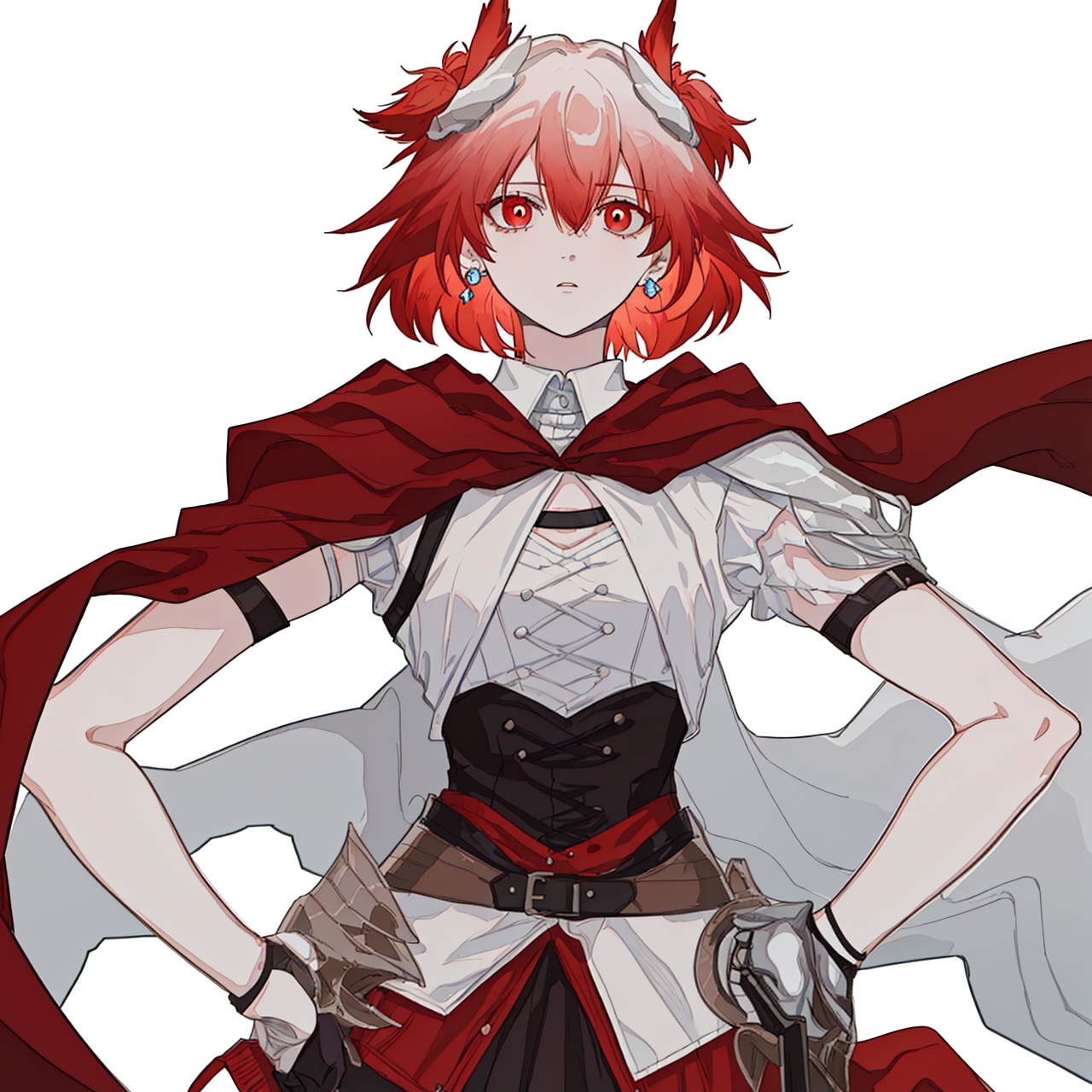 (masterpiece:1.3), (the best quality:1.2), (super fine illustrations:1.2), (Masterpiece), high quality, high detail,((white background:1.2)), looking at viewer, (SOLO:1.4),outline,,simple background,red wings, armored boots, gradient hair, shoulder armor, breastplate, corset, hooded cloak, belt, tail, bird, thighhighs, red skirt, red cape, gauntlets, embers, boots, armor,short hair,hair ornament,red eyes,bangs,hair between eyes,multicolored hair,white hair,jewelry,red hair,long sleeves,gem,streaked hair, short hair,gradient hair,feathers, animal ears, floating hair, phoenix, fiery hair, fiery wings, flaming eye,1girl, breasts, brown eyes, cape, earrings, fire, jewelry, shirt, short hair, skirt,