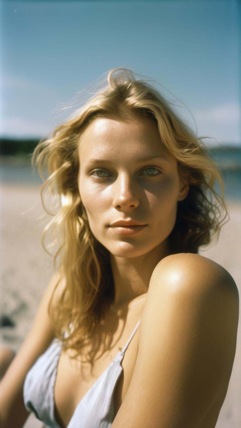 AnalogRedmAF,  analog style,  photo of a beautiful swedish model sunbathing on the beach on Tensor.Art