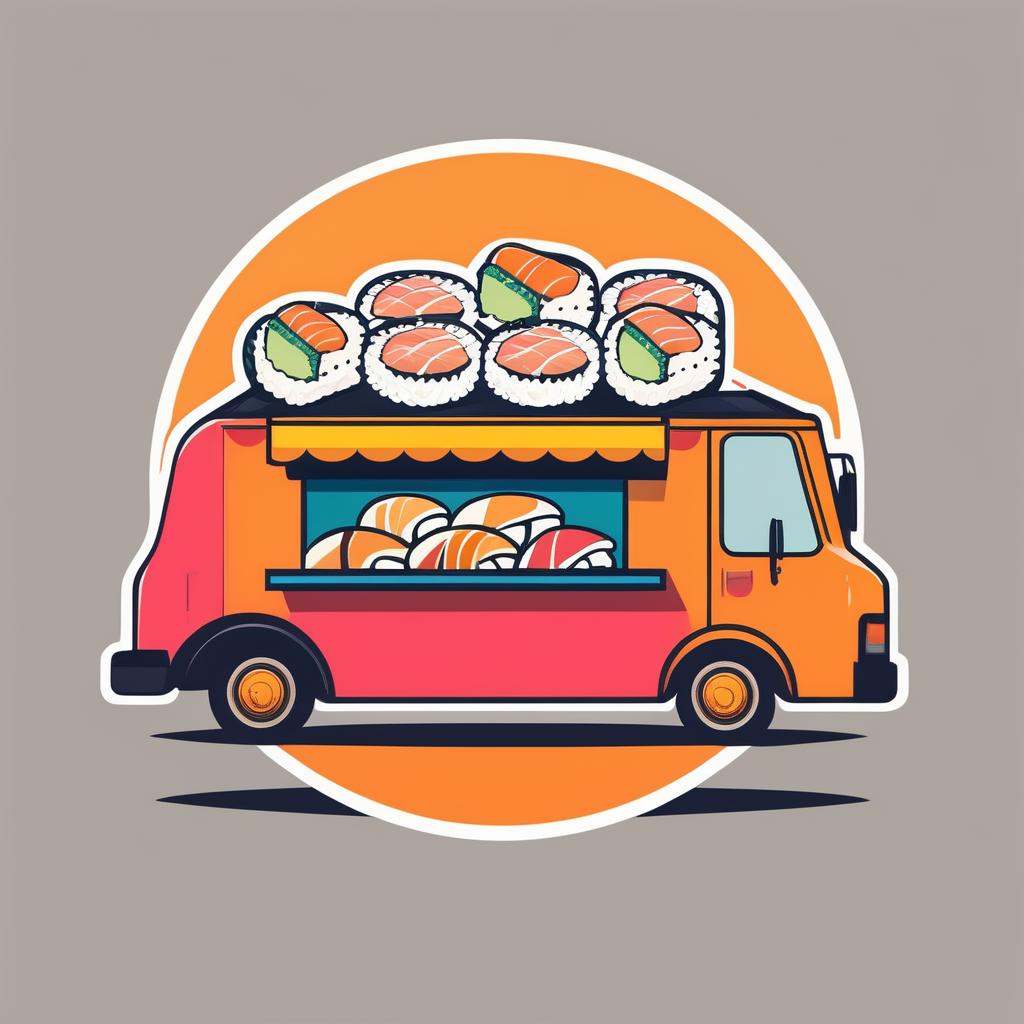 A logo for a sushi food truck,  sushi rolls as wheels on a truck,  vibrant and fun colors. on Tensor.Art