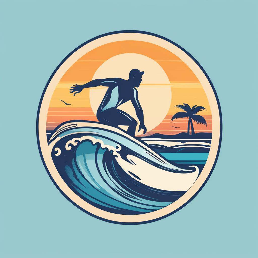 A logo for a surf school,  surfer riding a wave,  beachy and ocean-inspired colors. on Tensor.Art