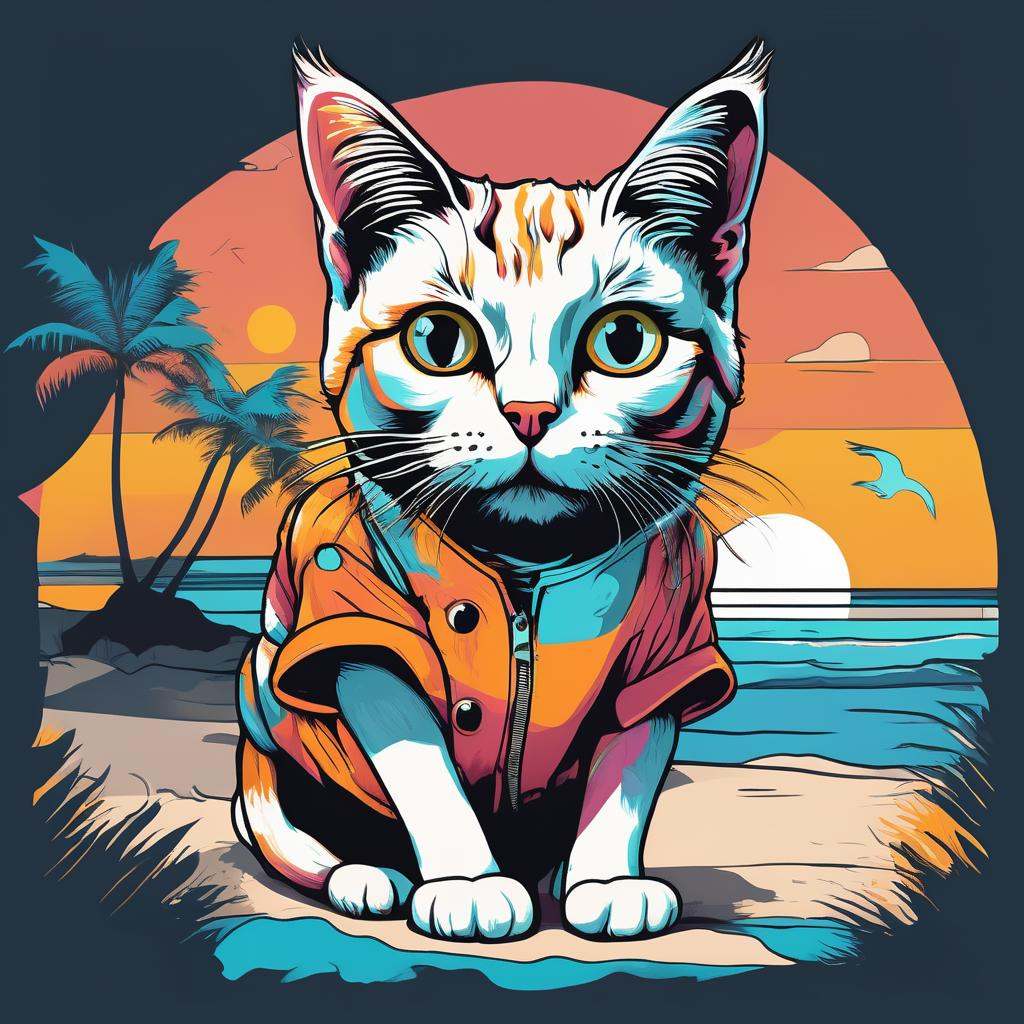 Illustrated T-shirt,  Whimsical Cat Character,  Sunset Beach Landscape on Tensor.Art