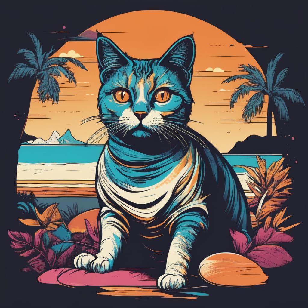 Illustrated T-shirt,  Whimsical Cat Character,  Sunset Beach Landscape on Tensor.Art